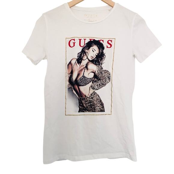 Guess Classic Model T-Shirt Leopard White Print Glitter Design Size Medium - Picture 4 of 8